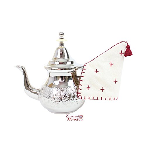Tetera Marroquí en Plata Maillechort con Filtro Integrado y Manopla Auténtica Tradicional Modelo Grabado con Diseño Clásico Arabe Hecho a Mano Extra Grande (Aproximadamente 1 litro 10 vasos)