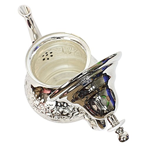 Tetera Marroquí en Plata Maillechort con Filtro Integrado y Manopla Auténtica Tradicional Modelo Grabado con Diseño Clásico Arabe Hecho a Mano Extra Grande (Aproximadamente 1 litro 10 vasos)
