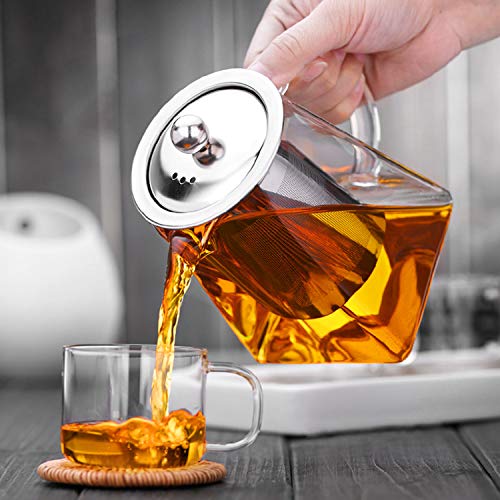 Teteras de vidrio con infusor extraíble, vidrio de borosilicato de Wisolt High Caldera de té de hojas sueltas en forma cuadrada, 304 colador y tapa de acero inoxidable - Stovetop Safe (750ML)
