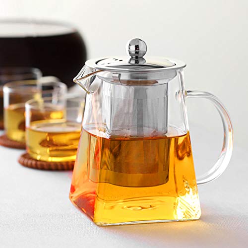 Teteras de vidrio con infusor extraíble, vidrio de borosilicato de Wisolt High Caldera de té de hojas sueltas en forma cuadrada, 304 colador y tapa de acero inoxidable - Stovetop Safe (750ML)
