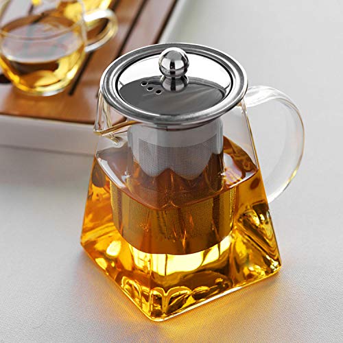 Teteras de vidrio con infusor extraíble, vidrio de borosilicato de Wisolt High Caldera de té de hojas sueltas en forma cuadrada, 304 colador y tapa de acero inoxidable - Stovetop Safe (750ML)