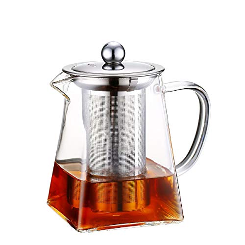 Teteras de vidrio con infusor extraíble, vidrio de borosilicato de Wisolt High Caldera de té de hojas sueltas en forma cuadrada, 304 colador y tapa de acero inoxidable - Stovetop Safe (750ML)