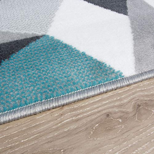 The Rug House Alfombra para Sala de Estar con diseño Moderno geométrico caleidoscopio Tradicional Color Gris Plateado Crema Azul Huevo de Pato