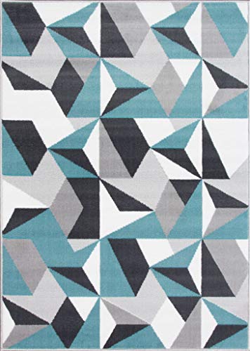 The Rug House Alfombra para Sala de Estar con diseño Moderno geométrico caleidoscopio Tradicional Color Gris Plateado Crema Azul Huevo de Pato
