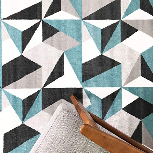 The Rug House Alfombra para Sala de Estar con diseño Moderno geométrico caleidoscopio Tradicional Color Gris Plateado Crema Azul Huevo de Pato
