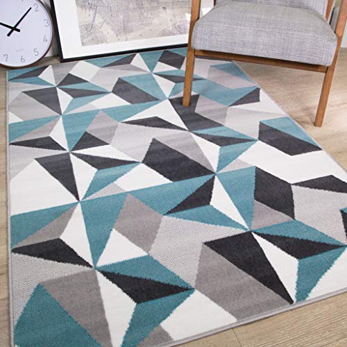 The Rug House Alfombra para Sala de Estar con diseño Moderno geométrico caleidoscopio Tradicional Color Gris Plateado Crema Azul Huevo de Pato