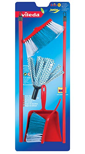 Theo Klein 6706 Set de fregona Vileda, Con fregona, cubo y set para barrer, Con el popular diseño de Vileda, a partir de 3 años, 22,5 cm x 15 cm x 61 cm