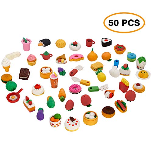 ThinkMax Animal y Gomas de borrar Comida, Lindo Goma Gomas de borrar lápiz, Colorido del Partido del Favor de los niños Bolsa Rellenos (50 Piezas de Comida)