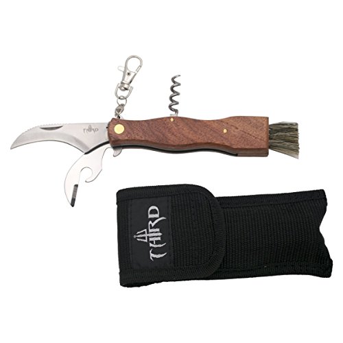 THIRD Navaja setera K1279 Mango de Madera, Hoja de Acero INOX de 7.8 cm, Incluye Llavero, sacacorchos, abrebotellas y brocha. con Funda de Nylon.