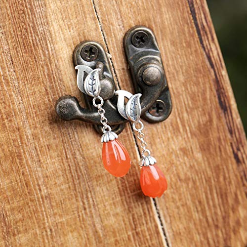 THTHT Vintage Aretes De Plata S925 Mujeres Mosaico Natural De Ágata Roja South Magnolia Cae Sencillo Y Elegante Temperamento Estético De Gama Alta De Estilo Chino Clásico