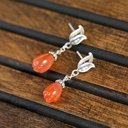 THTHT Vintage Aretes De Plata S925 Mujeres Mosaico Natural De Ágata Roja South Magnolia Cae Sencillo Y Elegante Temperamento Estético De Gama Alta De Estilo Chino Clásico
