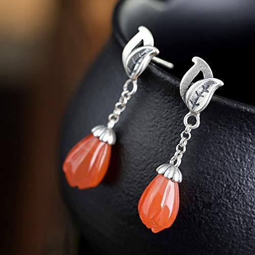 THTHT Vintage Aretes De Plata S925 Mujeres Mosaico Natural De Ágata Roja South Magnolia Cae Sencillo Y Elegante Temperamento Estético De Gama Alta De Estilo Chino Clásico