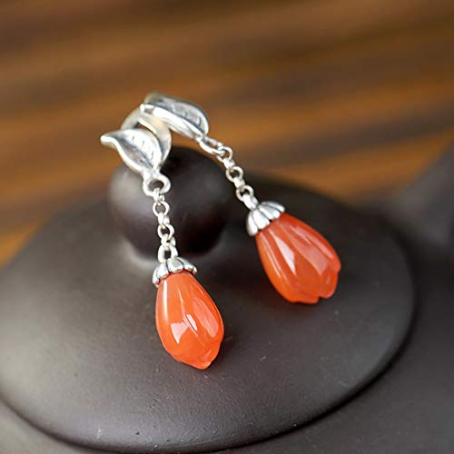 THTHT Vintage Aretes De Plata S925 Mujeres Mosaico Natural De Ágata Roja South Magnolia Cae Sencillo Y Elegante Temperamento Estético De Gama Alta De Estilo Chino Clásico
