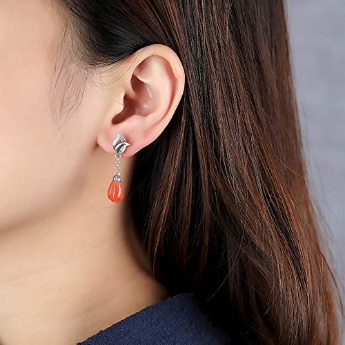 THTHT Vintage Aretes De Plata S925 Mujeres Mosaico Natural De Ágata Roja South Magnolia Cae Sencillo Y Elegante Temperamento Estético De Gama Alta De Estilo Chino Clásico