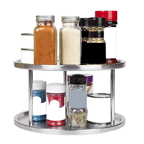 Tiamu Estante de Especias Bandeja de Organizador de Acero Inoxidable Plataforma Giratoria Soporte de Mesa de 2 Niveles Giratorio para Mesa de Comedor Encimeras de Cocina Gabinetes