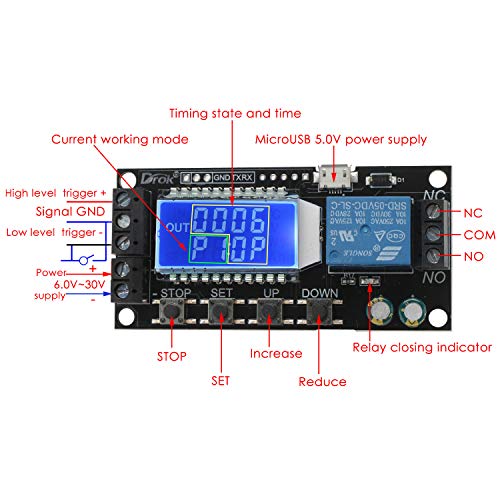 Tiempo de retardo Relé, Droking temporizador Controlador de retraso Módulo 5V 12V 24V Retraso Ciclo temporizador Retardo de activación ajustable Interruptor de control Tarjeta de relé con pantalla LCD