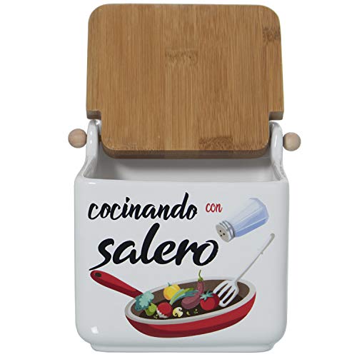 TIENDA EURASIA® Salero y Azucarero de Cocina - Cerámica con Tapa de Bambú - Diseño Original (SARTEN Y Chica)