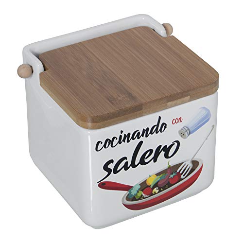 TIENDA EURASIA® Salero y Azucarero de Cocina - Cerámica con Tapa de Bambú - Diseño Original (SARTEN Y Chica)