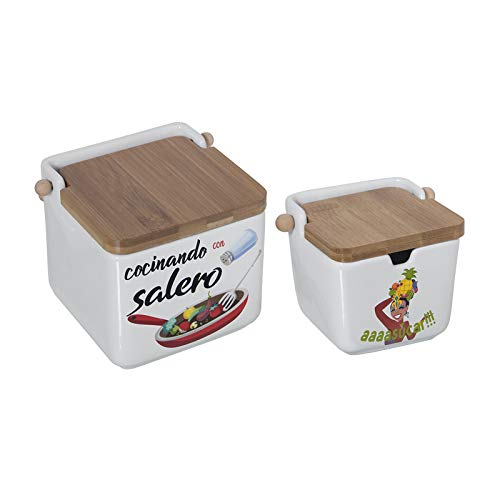 TIENDA EURASIA® Salero y Azucarero de Cocina - Cerámica con Tapa de Bambú - Diseño Original (SARTEN Y Chica)