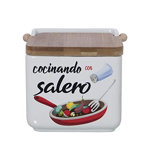 TIENDA EURASIA® Salero y Azucarero de Cocina - Cerámica con Tapa de Bambú - Diseño Original (SARTEN Y Chica)