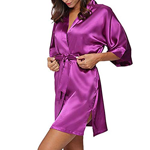 TIFIY Ropa Interior Lencería Mujer Seda Bata de Encaje Babydoll Camisón Pijama de Encaje Sexy Camisón Kimono Cardigan Robe Cintúra Mangas Media Ropa de Dormir Talla Grandes(Rojo Vivo,L)