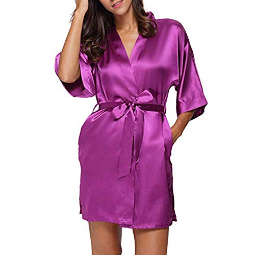 TIFIY Ropa Interior Lencería Mujer Seda Bata de Encaje Babydoll Camisón Pijama de Encaje Sexy Camisón Kimono Cardigan Robe Cintúra Mangas Media Ropa de Dormir Talla Grandes(Rojo Vivo,L)