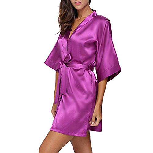 TIFIY Ropa Interior Lencería Mujer Seda Bata de Encaje Babydoll Camisón Pijama de Encaje Sexy Camisón Kimono Cardigan Robe Cintúra Mangas Media Ropa de Dormir Talla Grandes(Rojo Vivo,L)