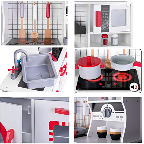 Tiktaktoo Completo Cocinita en Blanco Rojo de Madera Cocina de Juego de Niños Cocina de Juguete Hecha Cocina con Luz y Sonido Nuevo