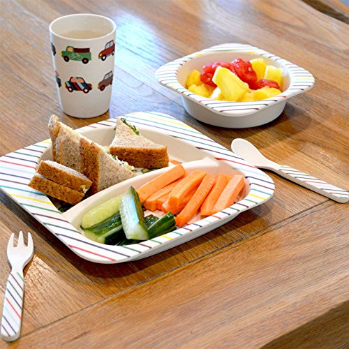 Tiny Dining Vajilla Infantil de bambú - con Plato, Bol, Vaso, Tenedor y Cuchara - Coches - 5 Piezas