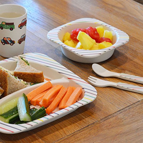 Tiny Dining Vajilla Infantil de bambú - con Plato, Bol, Vaso, Tenedor y Cuchara - Coches - 5 Piezas