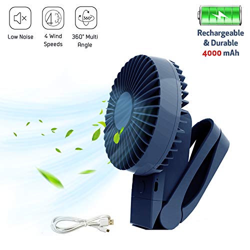 TKOOFN Mini Ventilador de Mano USB, Ventilador de Clip Recargable Ajustable Portátil Plegable Silencioso 4000mAh con Rotación de 360°4 Velocidades para Escritorio, Hogar, Oficina, Viaje, Al Aire Libre