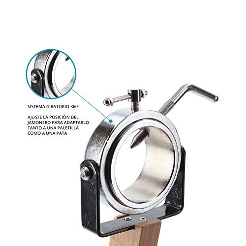 TM Electron HOCU101 Jamonero de Madera de bambú con Cabezal metálico, Tacos de Silicona para una Buena adherencia y Sistema Giratorio para Todo Tipo de paletillas y jamones