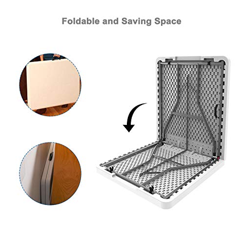 Todeco - Mesa de Plástico Resistente, Mesa Plegable Portátil, 152 x 71.5 cm, Blanco, Plegable por la Mitad, Material: HDPE, Carga máxima: 100 kg