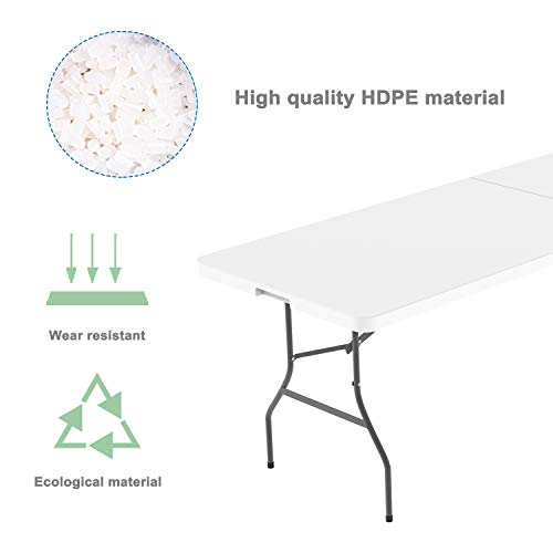 Todeco - Mesa de Plástico Resistente, Mesa Plegable Portátil, 152 x 71.5 cm, Blanco, Plegable por la Mitad, Material: HDPE, Carga máxima: 100 kg