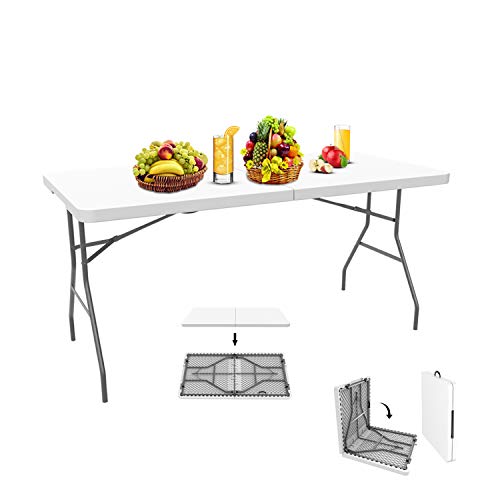 Todeco - Mesa de Plástico Resistente, Mesa Plegable Portátil, 152 x 71.5 cm, Blanco, Plegable por la Mitad, Material: HDPE, Carga máxima: 100 kg