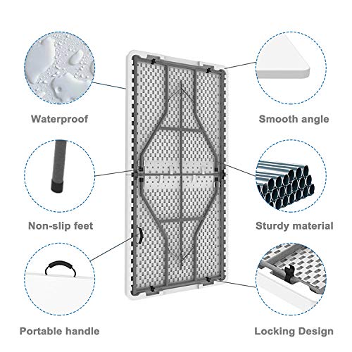Todeco - Mesa de Plástico Resistente, Mesa Plegable Portátil, 152 x 71.5 cm, Blanco, Plegable por la Mitad, Material: HDPE, Carga máxima: 100 kg