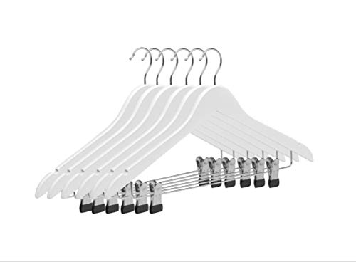 TODO HOGAR - Percha con Pinzas (Pack de 6 Und de 45cm) - (Color Blanco y Caoba) Ideal para Pantalones, con Muescas para Tirantes y Gancho de Acero.