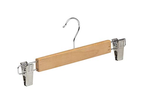 TODO HOGAR Percha Madera Maciza para Faldas, Pantalones y Vaqueros, Color Natural con Clips Ajustables Anticorrosión y Gancho Giratorio Pack de 6