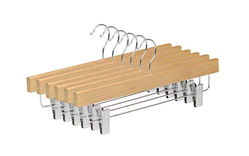 TODO HOGAR Percha Madera Maciza para Faldas, Pantalones y Vaqueros, Color Natural con Clips Ajustables Anticorrosión y Gancho Giratorio Pack de 6