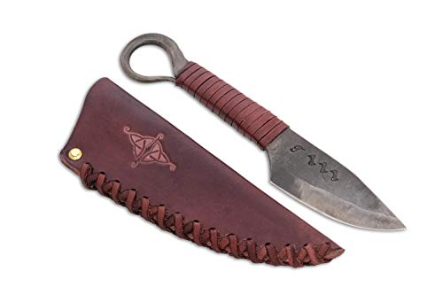 Toferner Cuchillo de Caza de Hoja Fija Cuchillo de Acero de Ojo Celta – Forjado a Mano y con Aspecto Vintage – Hoja Puntiaguda Ultra Afilada – Incluye una Funda de Cuero