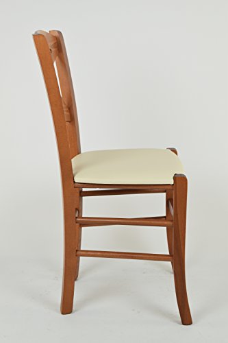 Tommychairs - Set 2 sillas Cross para Cocina y Comedor, Estructura en Madera de Haya Color Cerezo y Asiento tapizado en Polipiel Color Marfil