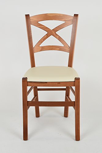 Tommychairs - Set 2 sillas Cross para Cocina y Comedor, Estructura en Madera de Haya Color Cerezo y Asiento tapizado en Polipiel Color Marfil