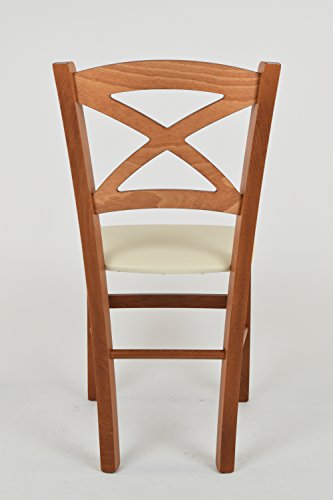 Tommychairs - Set 2 sillas Cross para Cocina y Comedor, Estructura en Madera de Haya Color Cerezo y Asiento tapizado en Polipiel Color Marfil