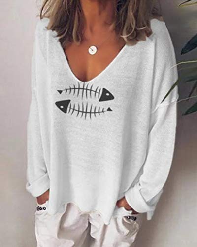 Tomwell Mujeres Casual Elegantes Impresión de Espina de Pescado Cuello V Manga Larga Camiseta Blusa T-Shirt tee Tops A Blanco 38