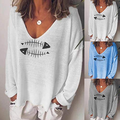 Tomwell Mujeres Casual Elegantes Impresión de Espina de Pescado Cuello V Manga Larga Camiseta Blusa T-Shirt tee Tops A Blanco 38