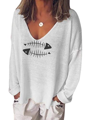 Tomwell Mujeres Casual Elegantes Impresión de Espina de Pescado Cuello V Manga Larga Camiseta Blusa T-Shirt tee Tops A Blanco 38