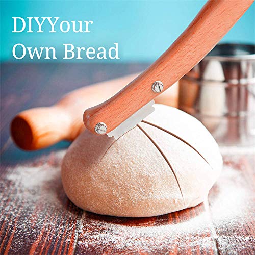 tonguk Herramienta para Cortar Pan con Mango de Madera cojo, Cortador de Pan, Cortador de Pasteles, Cuchillo para marcar la Masa con 5 Hojas reemplazables para Hacer Pan, Accesorios de Cocina