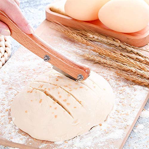 tonguk Herramienta para Cortar Pan con Mango de Madera cojo, Cortador de Pan, Cortador de Pasteles, Cuchillo para marcar la Masa con 5 Hojas reemplazables para Hacer Pan, Accesorios de Cocina
