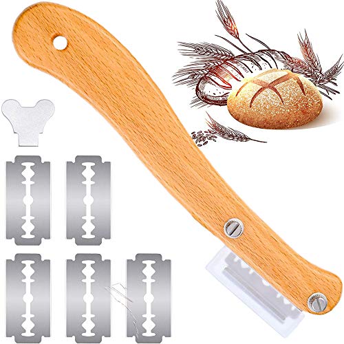 tonguk Herramienta para Cortar Pan con Mango de Madera cojo, Cortador de Pan, Cortador de Pasteles, Cuchillo para marcar la Masa con 5 Hojas reemplazables para Hacer Pan, Accesorios de Cocina