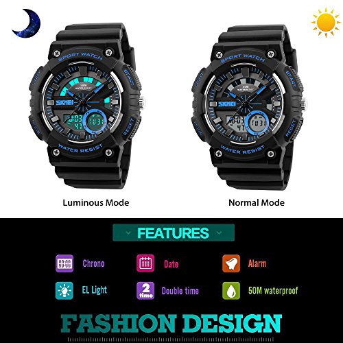 TONSHEN LED Digitales Impermeable Relojes de Hombre Deportivos 50M Resistente Agua Multifuncional Electrónica Analógico Cuarzo Doble Tiempo Relojes de Pulsera Outdoor Militares Plástico Reloj